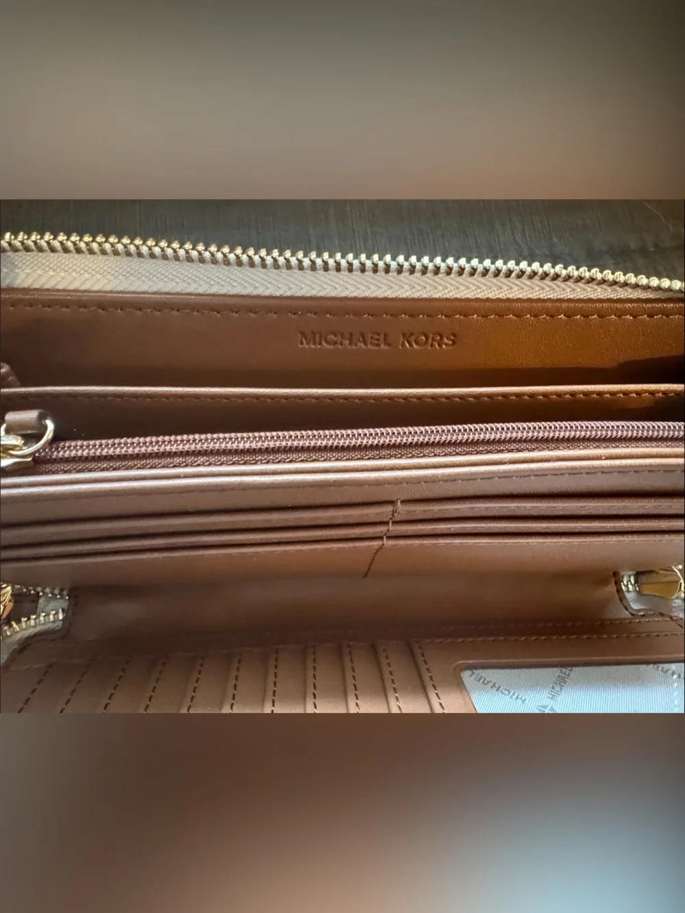 Michael Kors Cream Logo Print Wristlet with Tan Strap